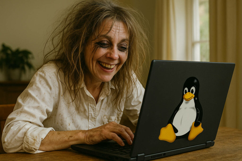 Mujer contenta al lograr que su linux funcione sin errores en un portátil